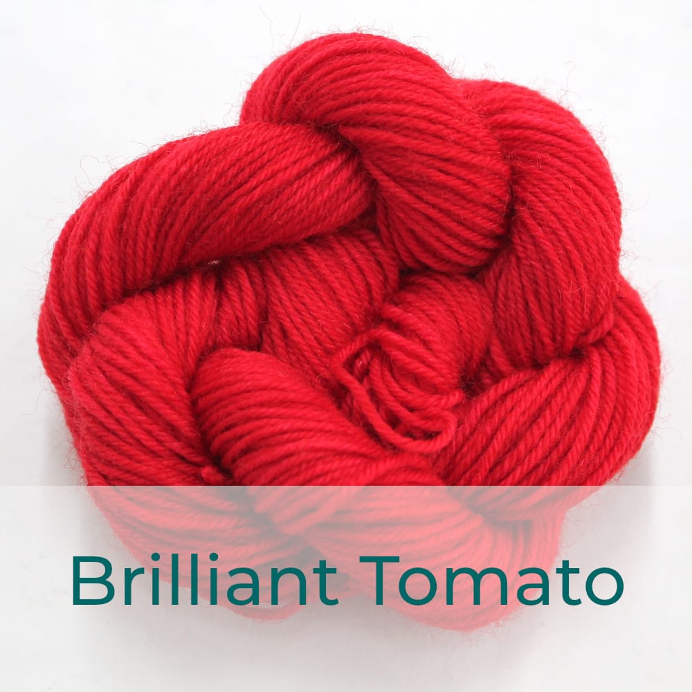 BFL 4 Ply mini skein in Brilliant Tomato colourway. It is bright red.