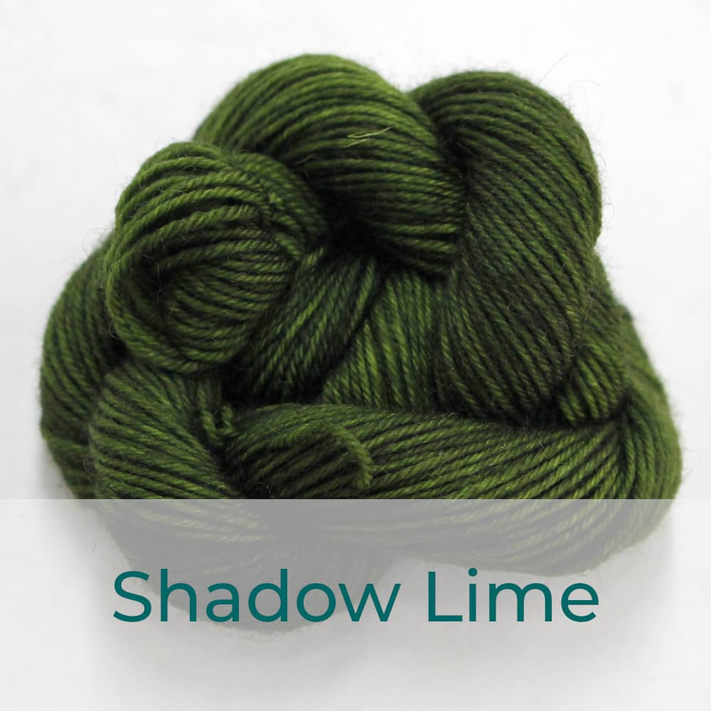 BFL 4 Ply mini skein in Shadow Lime colourway. It is dark khaki green.