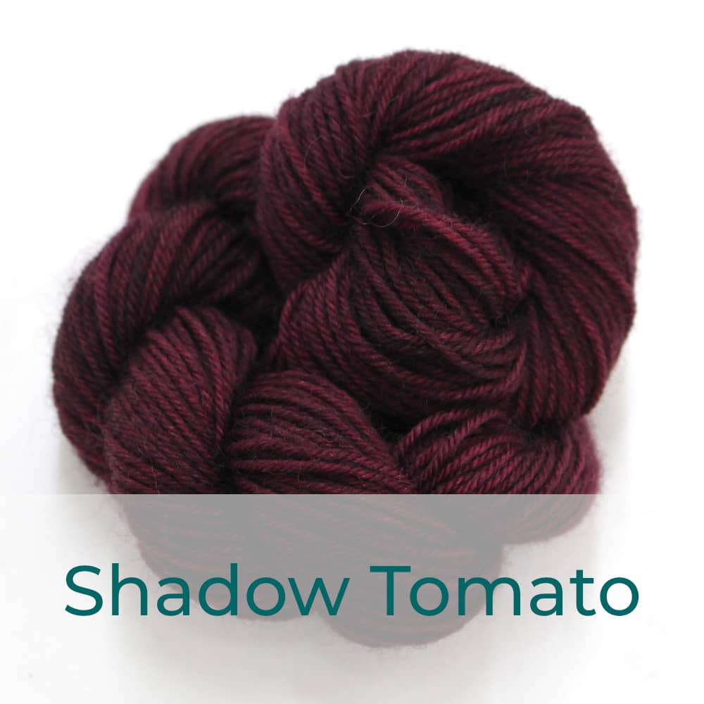 BFL 4 Ply mini skein in Shadow Tomato colourway. It is dark red.