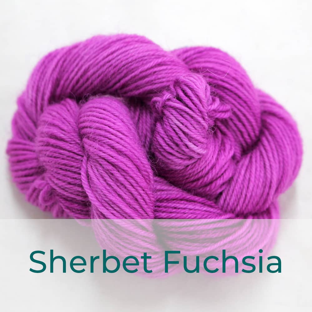 BFL 4 Ply mini skein in the Sherbet Fuchsia colourway. It is light bright fuchsia pink.