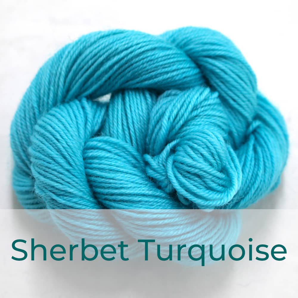 BFL 4 Ply mini skein in the Sherbet Turquoise colourway. It is light bright turquoise.
