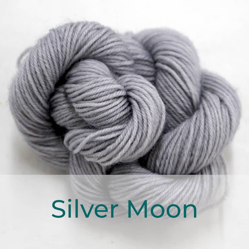 BFL 4 Ply mini skein in the Silver Moon colourway. It is light grey.