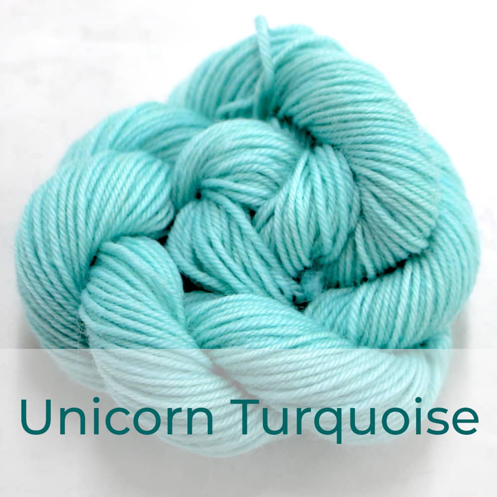 BFL 4 Ply mini skein in the Unicorn Turquoise colourway. It is very light turquoise.