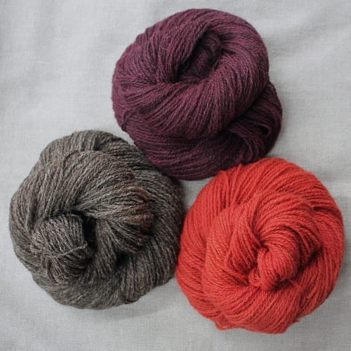 A group of 3 skeins in dark red, natural brown, and a strong burnt red colour