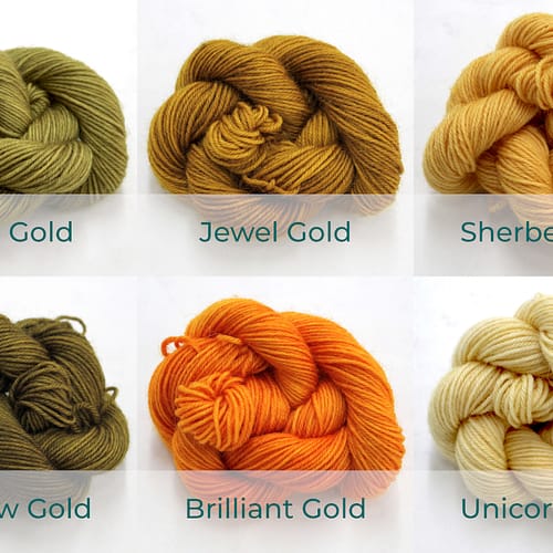 BFL 4 Ply Mini skeins ranging from dark to light Gold.