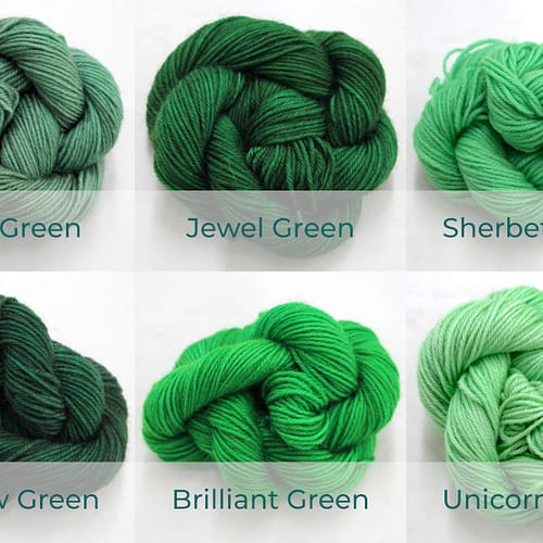 BFL 4 Ply Mini skeins ranging from dark to light Green.