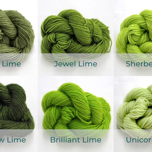 BFL 4 Ply Mini skeins ranging from dark to light Lime.