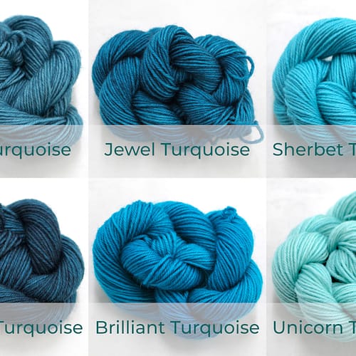 BFL 4 Ply Mini skeins ranging from dark to light Turquoise.