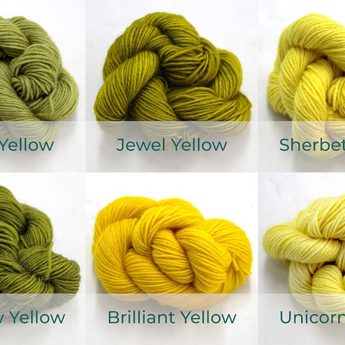BFL 4 Ply Mini skeins ranging from dark to light Yellow.