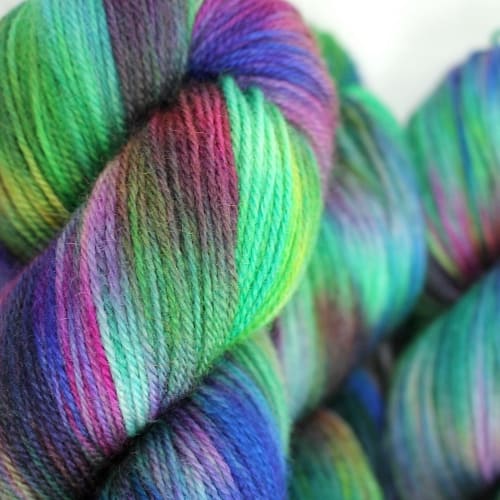 Skeins of Mermaid, a rainbowy highly variegated colourway
